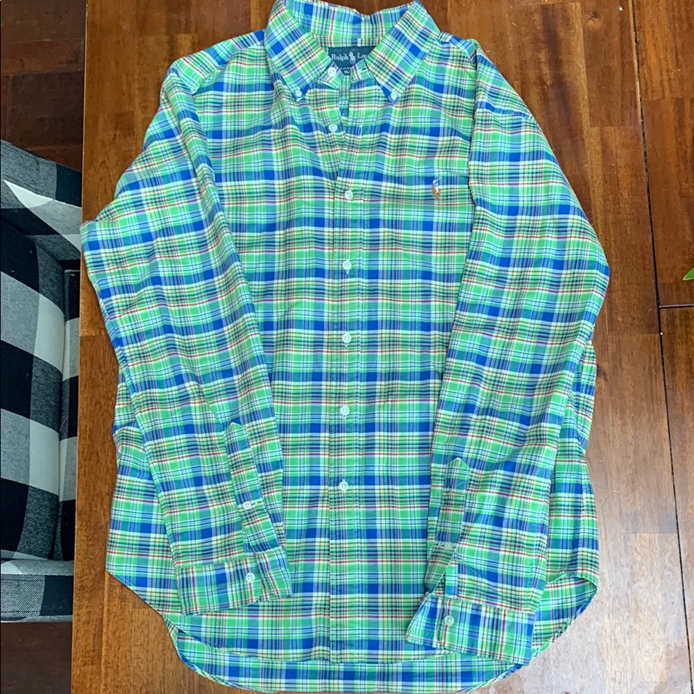 Men's Blue and Green Plaid Shirt